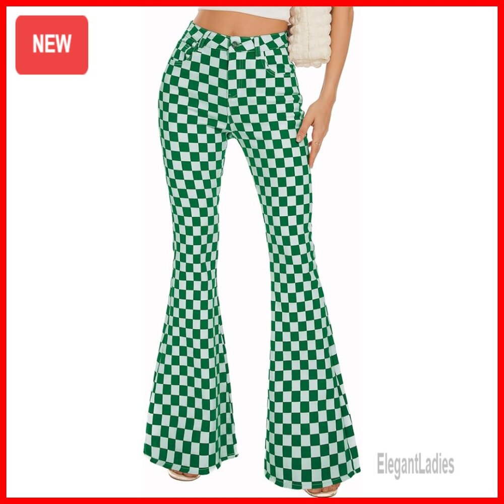 High Waisted Stretch Flare Jeans Bootcut Plaid Denim Pants Women's